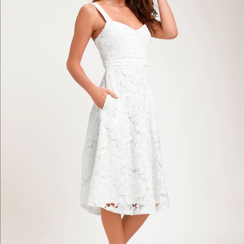 Lulus white lace midi dress with pockets, size small